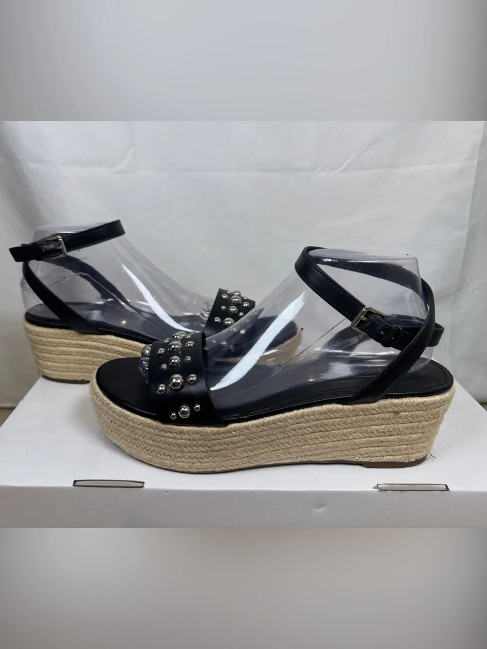 Marc Fisher Joyce Black Studded Espadrille Wedge Platform Sandal Size 10